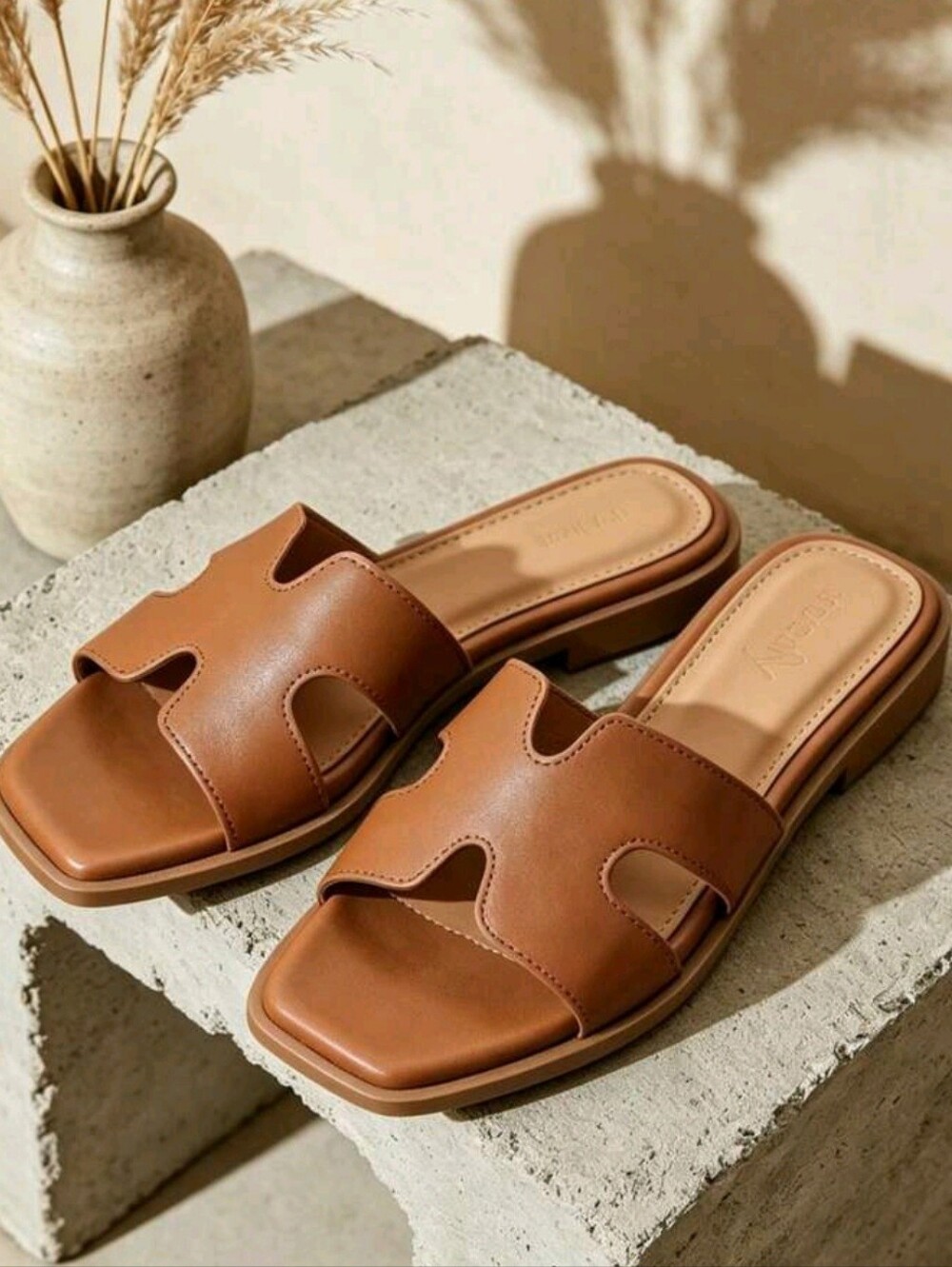 Vivianly Tan Brown Slide Sandals